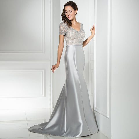 Elegant V - Neck Silver Mermaid Gown with Embroidered Short Sleeves Prom Dress,LX312
