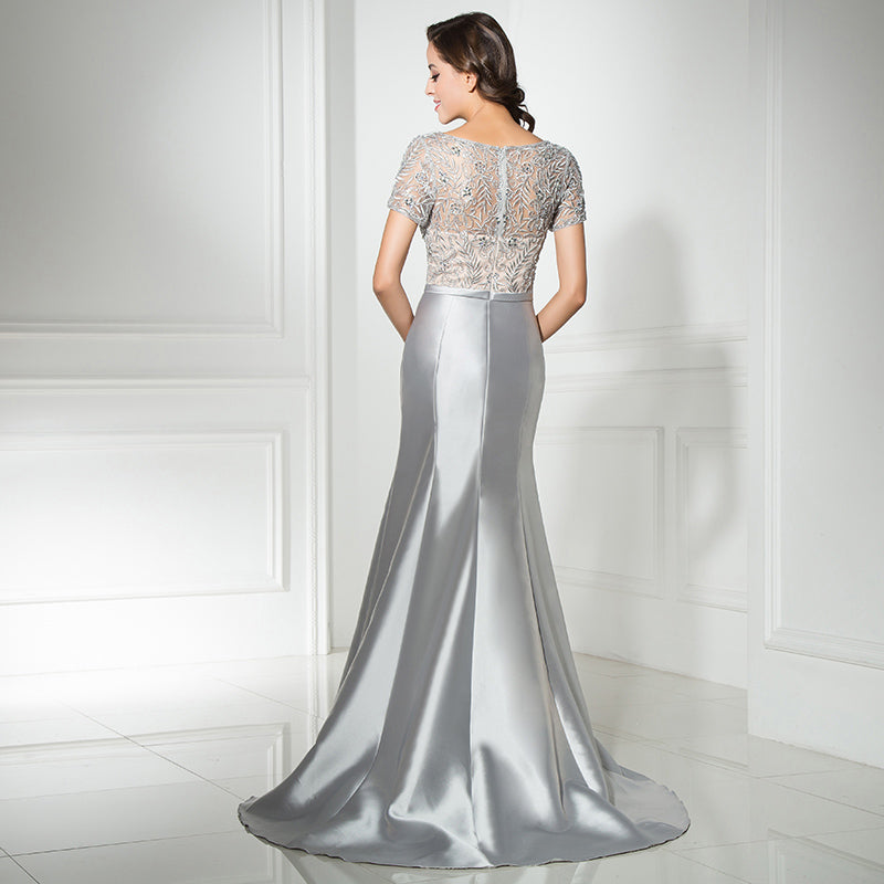Elegant V - Neck Silver Mermaid Gown with Embroidered Short Sleeves Prom Dress,LX312