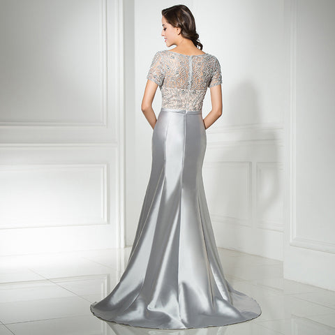 Elegant V - Neck Silver Mermaid Gown with Embroidered Short Sleeves Prom Dress,LX312