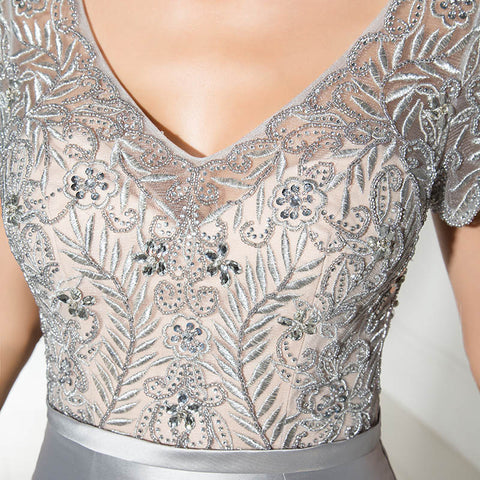 Elegant V - Neck Silver Mermaid Gown with Embroidered Short Sleeves Prom Dress,LX312