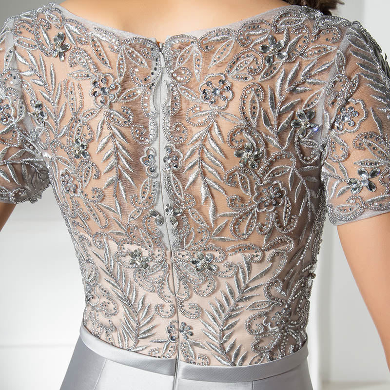 Elegant V - Neck Silver Mermaid Gown with Embroidered Short Sleeves Prom Dress,LX312