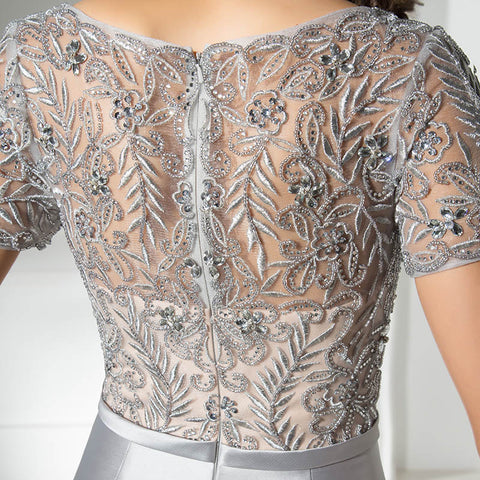 Elegant V - Neck Silver Mermaid Gown with Embroidered Short Sleeves Prom Dress,LX312