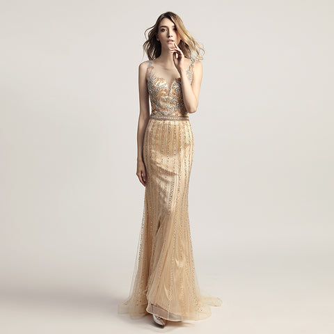 Glamorous Gold Sleeveless V - Neck Mermaid Gown with Sparkling Embellishments Prom Dress,LX470