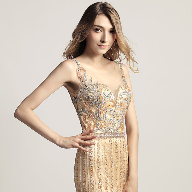 Glamorous Gold Sleeveless V - Neck Mermaid Gown with Sparkling Embellishments Prom Dress,LX470