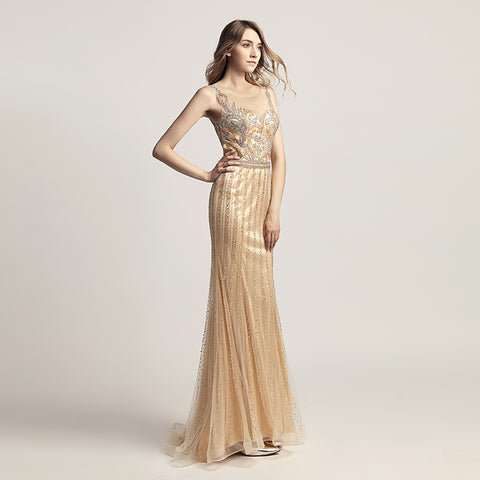 Glamorous Gold Sleeveless V - Neck Mermaid Gown with Sparkling Embellishments Prom Dress,LX470