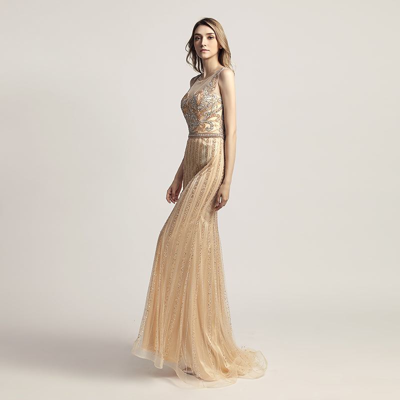 Glamorous Gold Sleeveless V - Neck Mermaid Gown with Sparkling Embellishments Prom Dress,LX470
