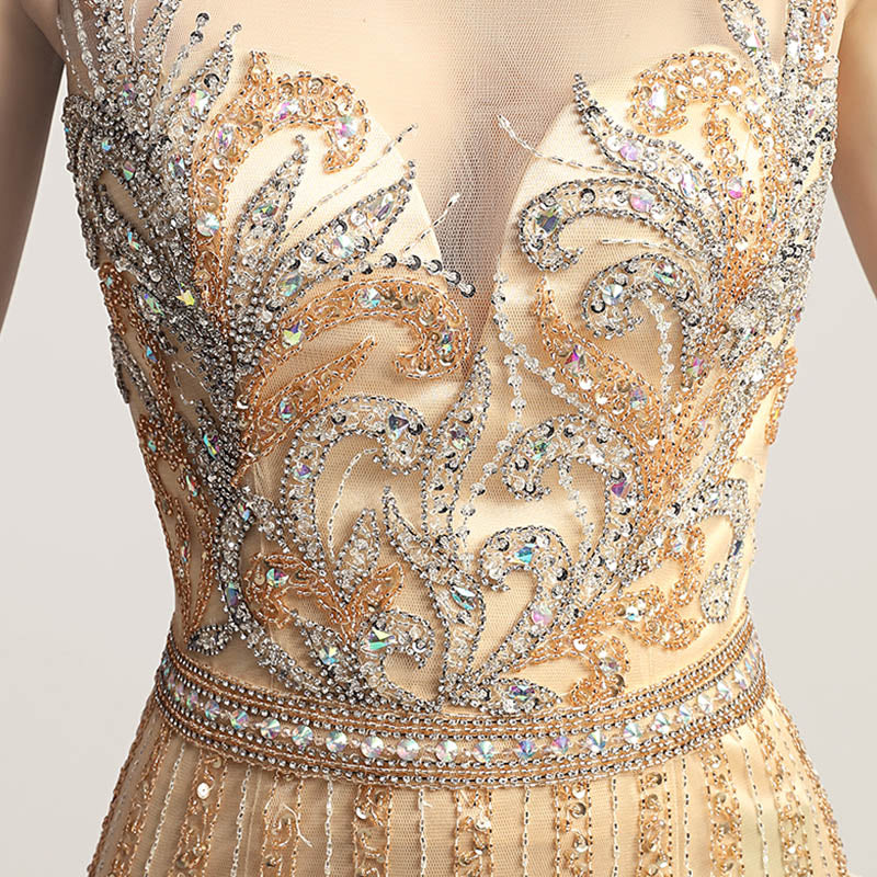 Glamorous Gold Sleeveless V - Neck Mermaid Gown with Sparkling Embellishments Prom Dress,LX470