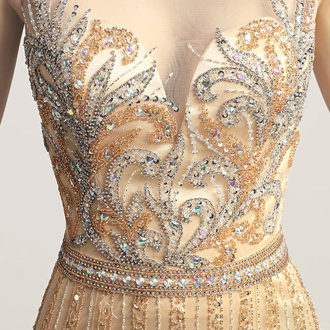Glamorous Gold Sleeveless V - Neck Mermaid Gown with Sparkling Embellishments Prom Dress,LX470