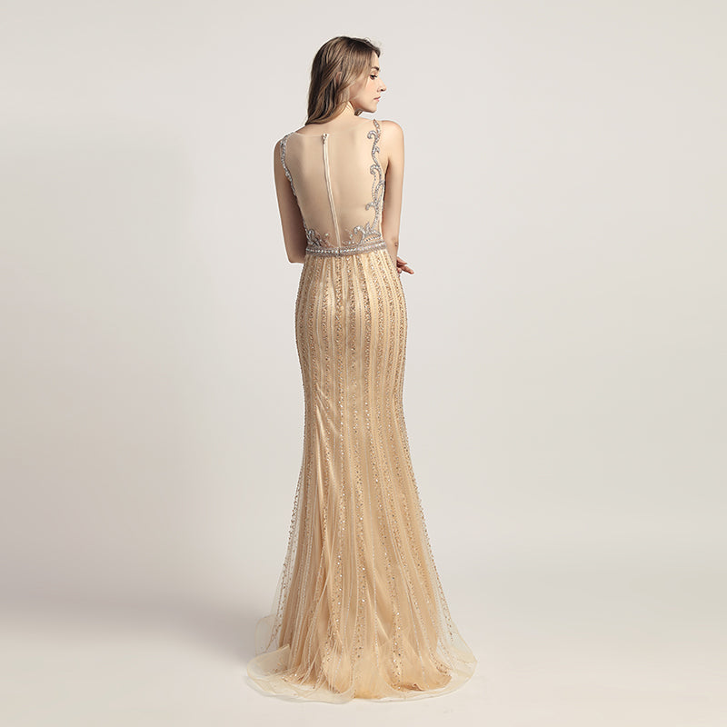 Glamorous Gold Sleeveless V - Neck Mermaid Gown with Sparkling Embellishments Prom Dress,LX470