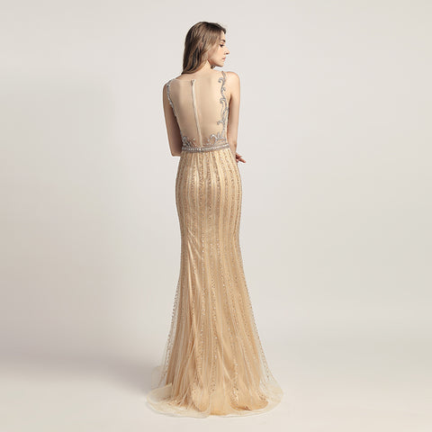 Glamorous Gold Sleeveless V - Neck Mermaid Gown with Sparkling Embellishments Prom Dress,LX470