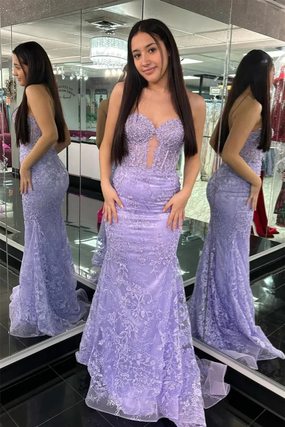 Charming Mermaid Sweetheart Lilace Lace Appliques Prom Dresses
