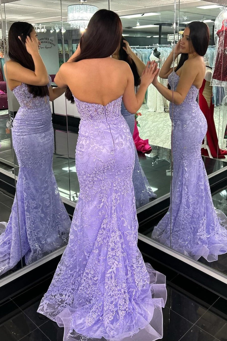 Charming Mermaid Sweetheart Lilace Lace Appliques Prom Dresses