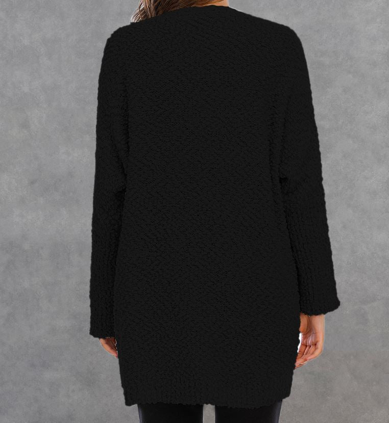 Winter new plus size knitted double pocket cardigan mid length sweater