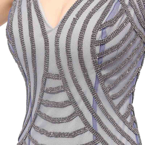 Chic Sleeveless Grey Sequin Bodycon Dress with V - Neck - Prom Dress, LX410