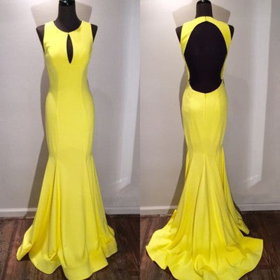 Women's Sleeveless Keyhole Front Open - Back Mermaid Yellow Evening Gown