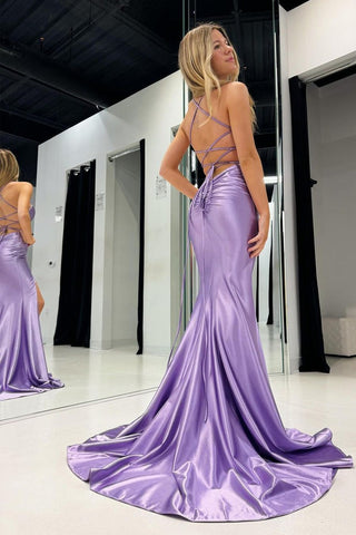 Simple Spaghetti Straps Lilac Satin Mermaid Prom Dress with Slit