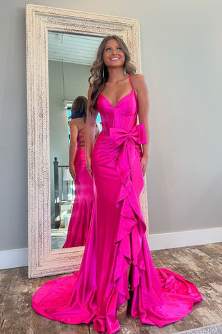 Chic Mermaid V Neck Pink Satin Slit Prom Dresses