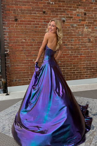 Cute A Line Sweetheart Purple Sparkly Satin Slit Prom Dresses