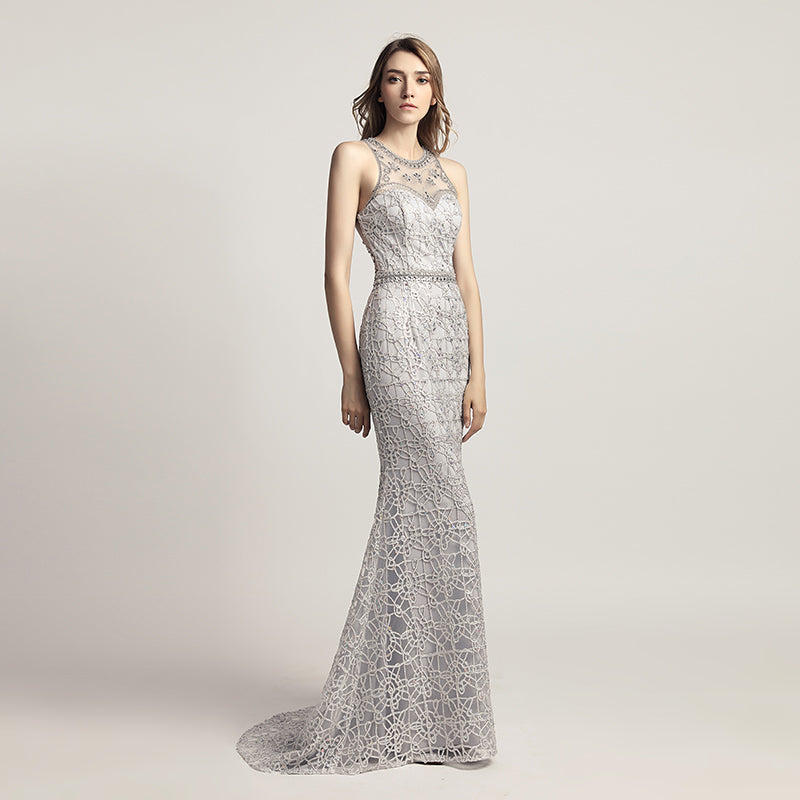 Opulent Gold Halter Mermaid Evening Dress with Exquisite Beaded and Lace Detailing,LX436