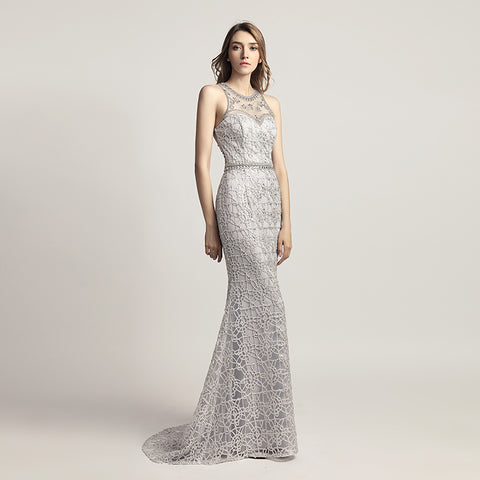 Opulent Gold Halter Mermaid Evening Dress with Exquisite Beaded and Lace Detailing,LX436