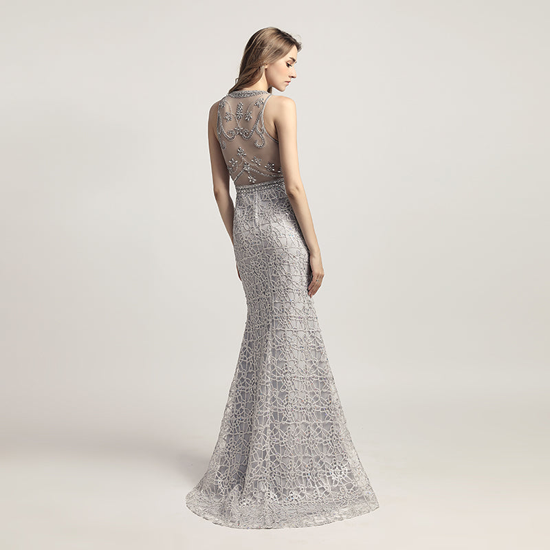 Opulent Gold Halter Mermaid Evening Dress with Exquisite Beaded and Lace Detailing,LX436