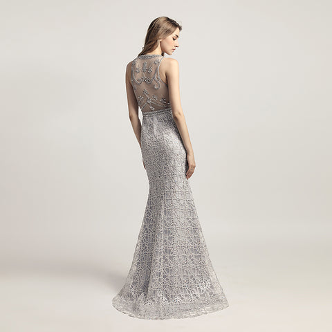 Opulent Gold Halter Mermaid Evening Dress with Exquisite Beaded and Lace Detailing,LX436