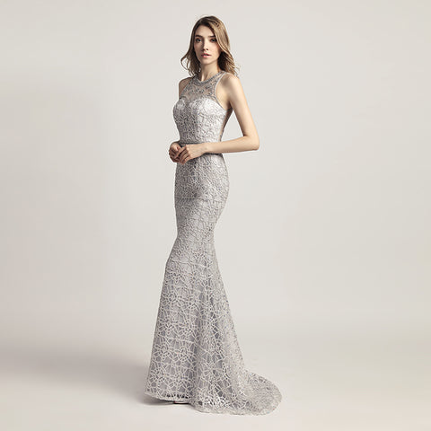Opulent Gold Halter Mermaid Evening Dress with Exquisite Beaded and Lace Detailing,LX436