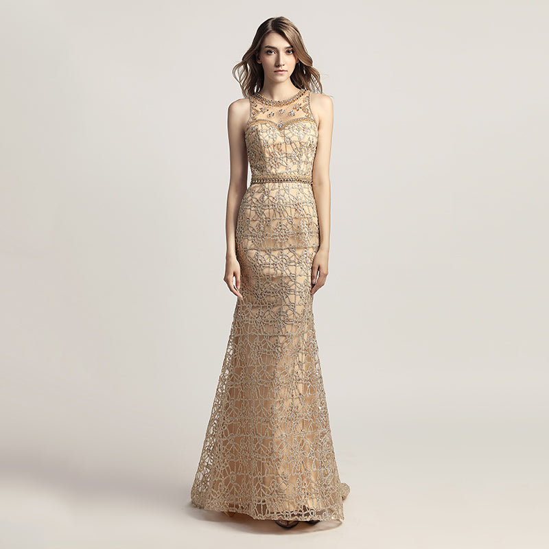 Opulent Gold Halter Mermaid Evening Dress with Exquisite Beaded and Lace Detailing,LX436