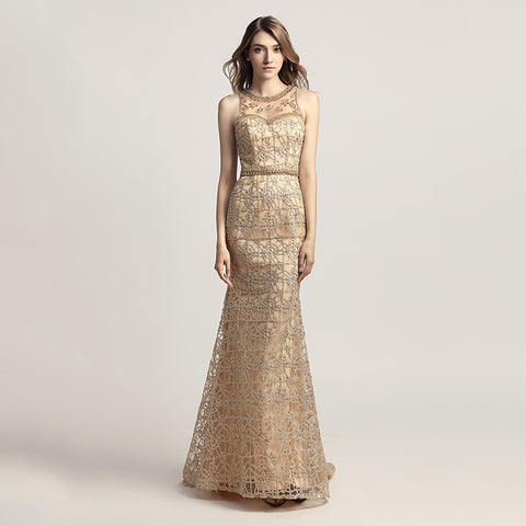 Opulent Gold Halter Mermaid Evening Dress with Exquisite Beaded and Lace Detailing,LX436