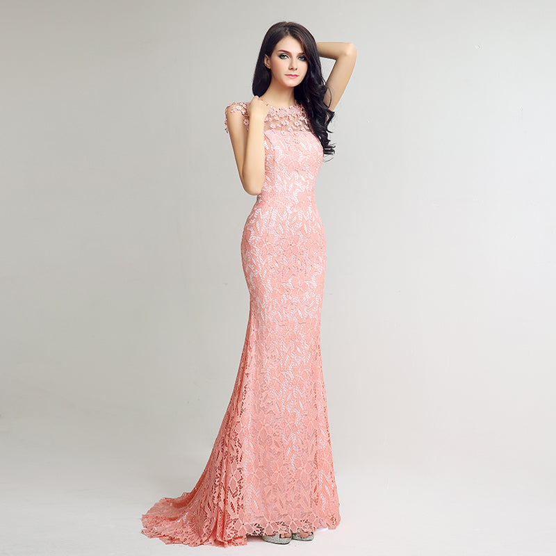 Gorgeous Sleeveless Peach Mermaid Lace Gown Prom Dress,LX241