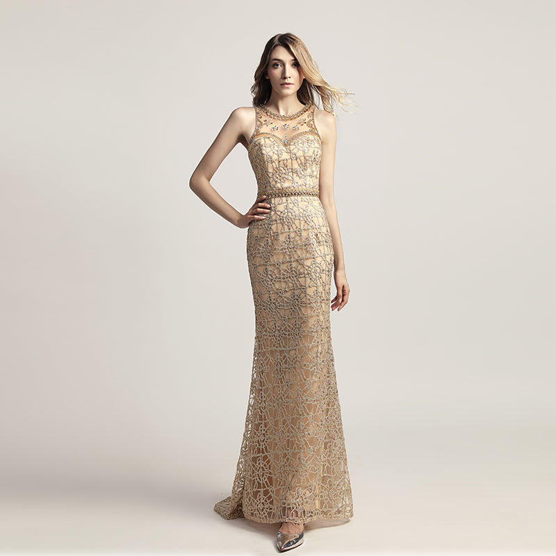 Opulent Gold Halter Mermaid Evening Dress with Exquisite Beaded and Lace Detailing,LX436
