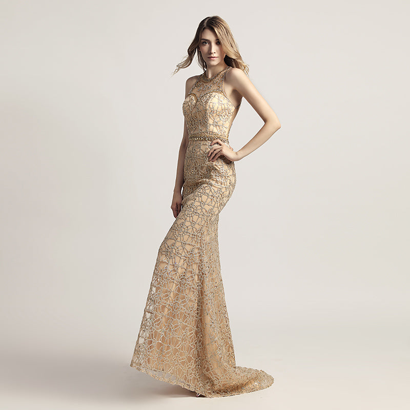 Opulent Gold Halter Mermaid Evening Dress with Exquisite Beaded and Lace Detailing,LX436