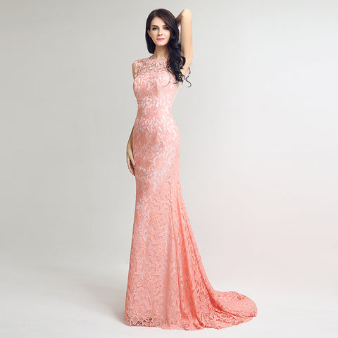 Gorgeous Sleeveless Peach Mermaid Lace Gown Prom Dress,LX241