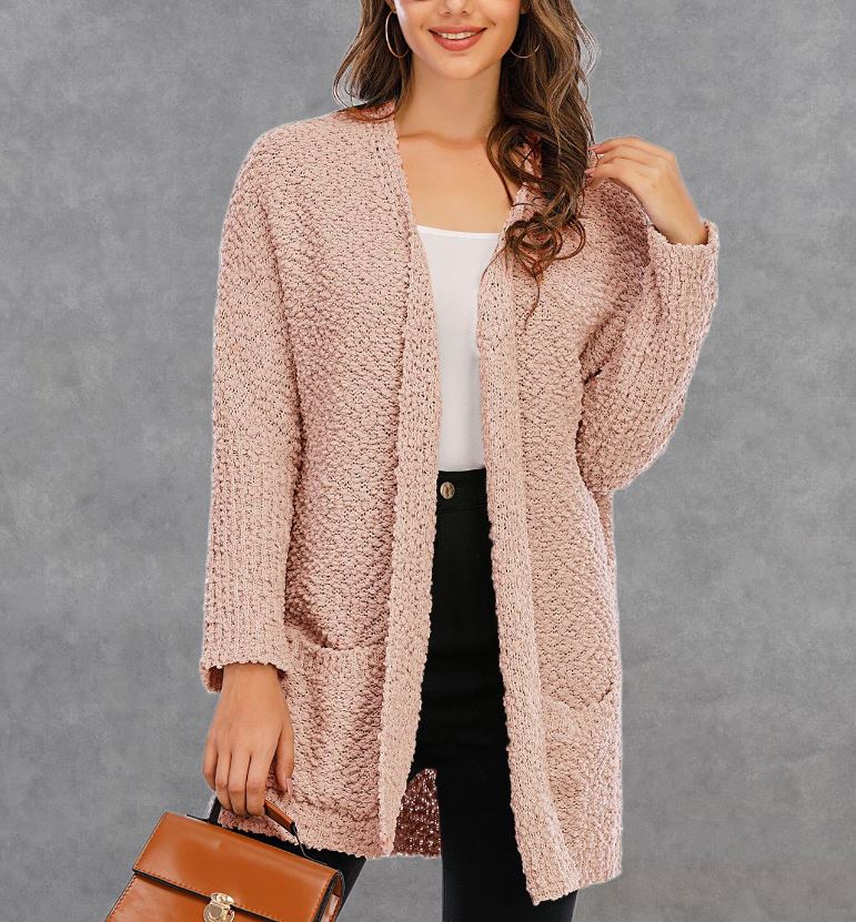 Winter new plus size knitted double pocket cardigan mid length sweater