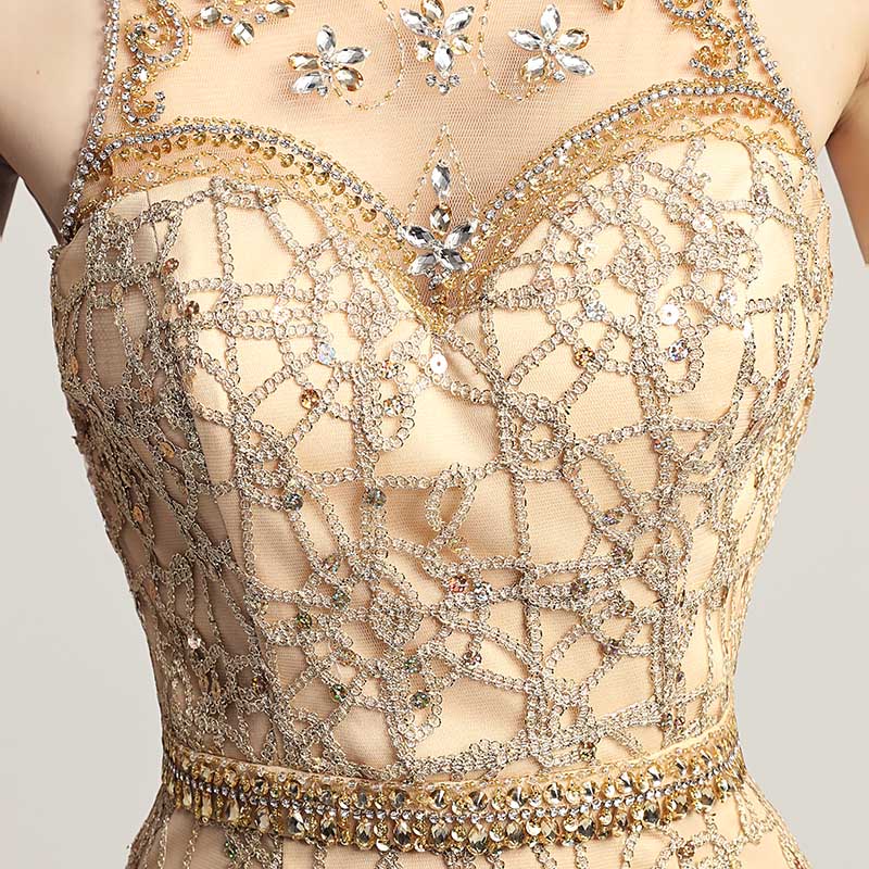 Opulent Gold Halter Mermaid Evening Dress with Exquisite Beaded and Lace Detailing,LX436