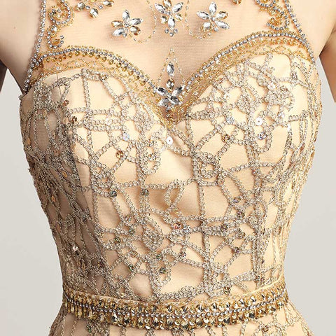 Opulent Gold Halter Mermaid Evening Dress with Exquisite Beaded and Lace Detailing,LX436