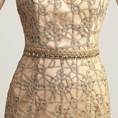 Opulent Gold Halter Mermaid Evening Dress with Exquisite Beaded and Lace Detailing,LX436