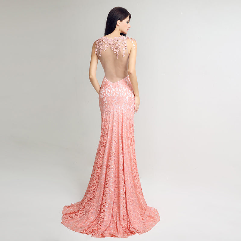 Gorgeous Sleeveless Peach Mermaid Lace Gown Prom Dress,LX241