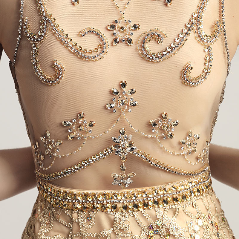 Opulent Gold Halter Mermaid Evening Dress with Exquisite Beaded and Lace Detailing,LX436