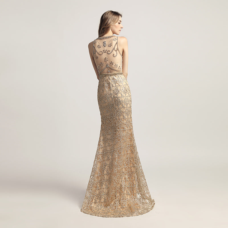 Opulent Gold Halter Mermaid Evening Dress with Exquisite Beaded and Lace Detailing,LX436