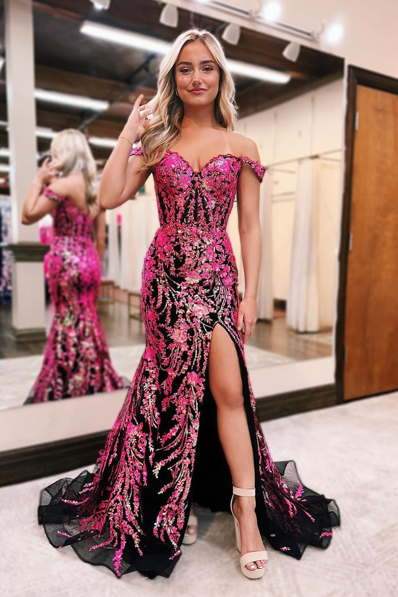 Attractive Fuchsia Sequin Lace Off the Shoulder Mermaid Prom Dress