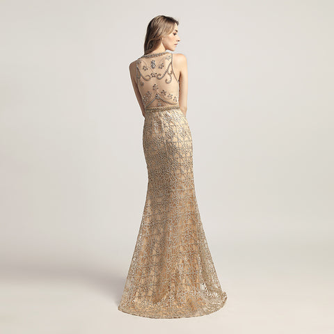 Opulent Gold Halter Mermaid Evening Dress with Exquisite Beaded and Lace Detailing,LX436