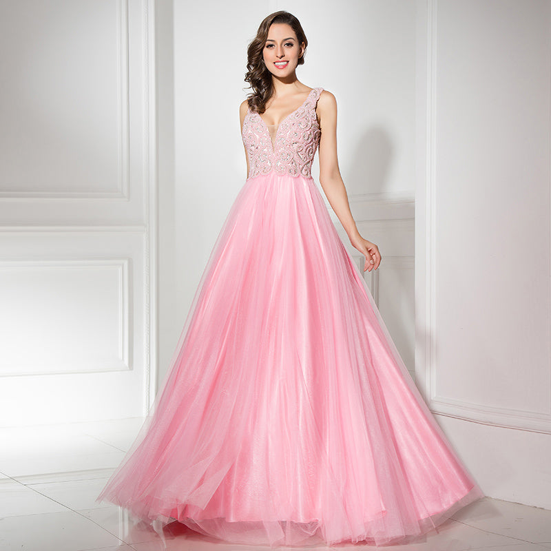 Romantic Sleeveless V - Neck Pink Tulle Gown Prom Dress,LX315
