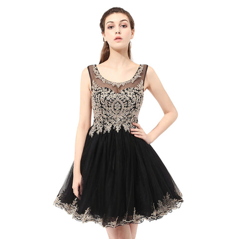 Elegant Sleeveless Black Tulle Dress with Gold Embroidered Bodice  Prom Dress, LX327