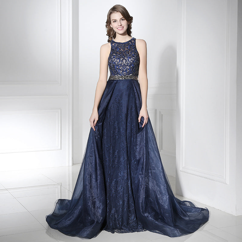 Exquisite Sleeveless Navy Blue Gown with Lace Bodice and Embroidered Flowing Prom Dress,LX378