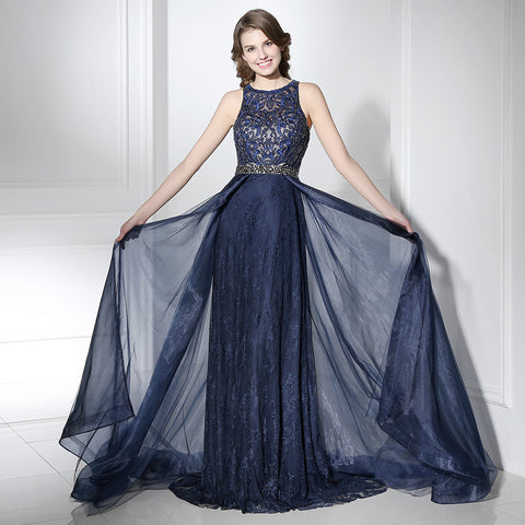 Exquisite Sleeveless Navy Blue Gown with Lace Bodice and Embroidered Flowing Prom Dress,LX378