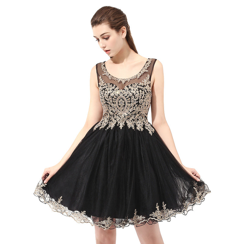 Elegant Sleeveless Black Tulle Dress with Gold Embroidered Bodice  Prom Dress, LX327