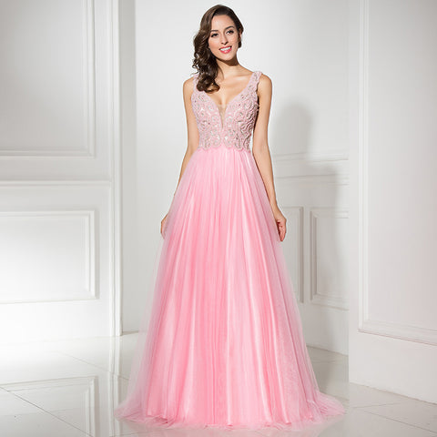 Romantic Sleeveless V - Neck Pink Tulle Gown Prom Dress,LX315
