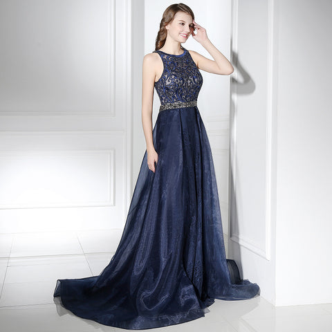 Exquisite Sleeveless Navy Blue Gown with Lace Bodice and Embroidered Flowing Prom Dress,LX378