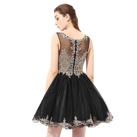 Elegant Sleeveless Black Tulle Dress with Gold Embroidered Bodice  Prom Dress, LX327